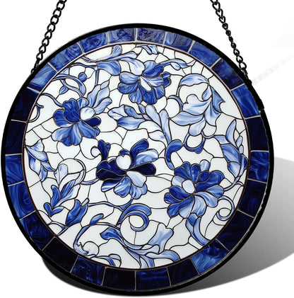 Stained Glass Window Hanging, Blue and White Abstract Flowers Sun Catcher for Door Home Decor