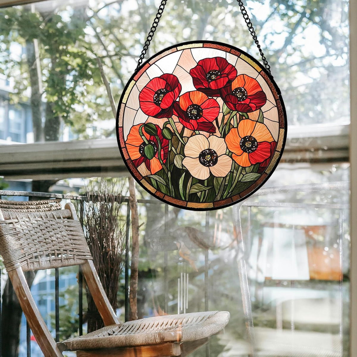 Stained Glass Window Hanging - Orange Red Poppy Flowers Suncatcher for Door Garden Yard Sun