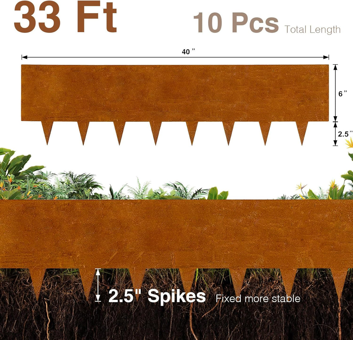 10-Pack Corten Steel Landscape Lawn Edging 8.5 inch Height, Rust Patina Finish Bendable Metal