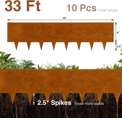 10-Pack Corten Steel Landscape Lawn Edging 8.5 inch Height, Rust Patina Finish Bendable Metal