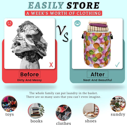Tropical Pineapples Laundry Basket Foldable With Handles Palm Leaves Tote Bag Oxford Cloth Colorful