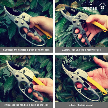 BUGUI 8" Ratchet Pruning Shears, 5 Times Cutting Power Than Normal Garden Scissors, Labor-Saving