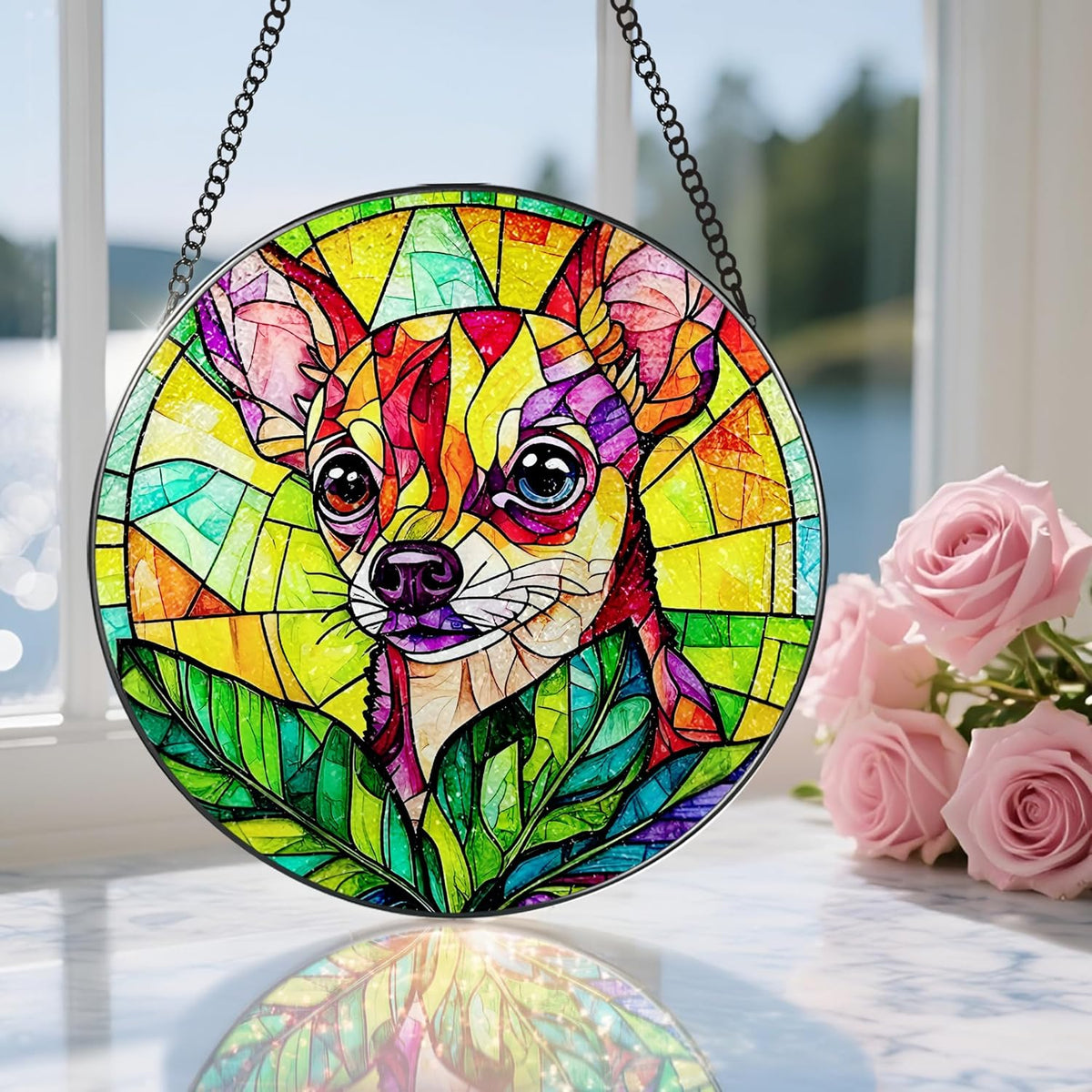 8″ Stained Glass Window Hanging Ornament, Vibrant Chihuahua Stained Glass Suncatcher Ornament