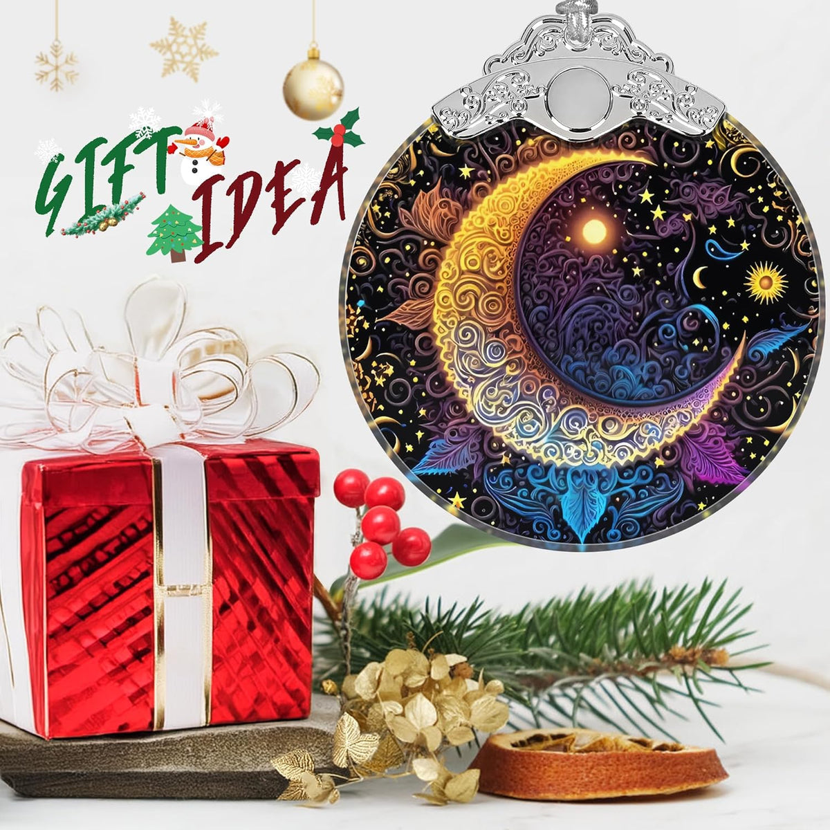 Stained Glass Ornaments - Sun and Moon Christmas Ornaments - Christmas Decorations for Tree