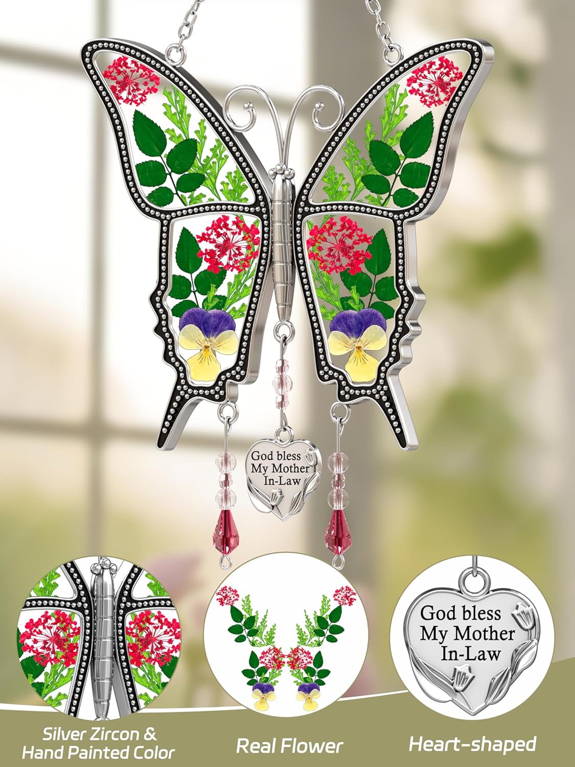 KY&BOSAM Gifts for Mom God Bless Mother in-Law Butterfly Suncatcher with Pressed Flower Wings and