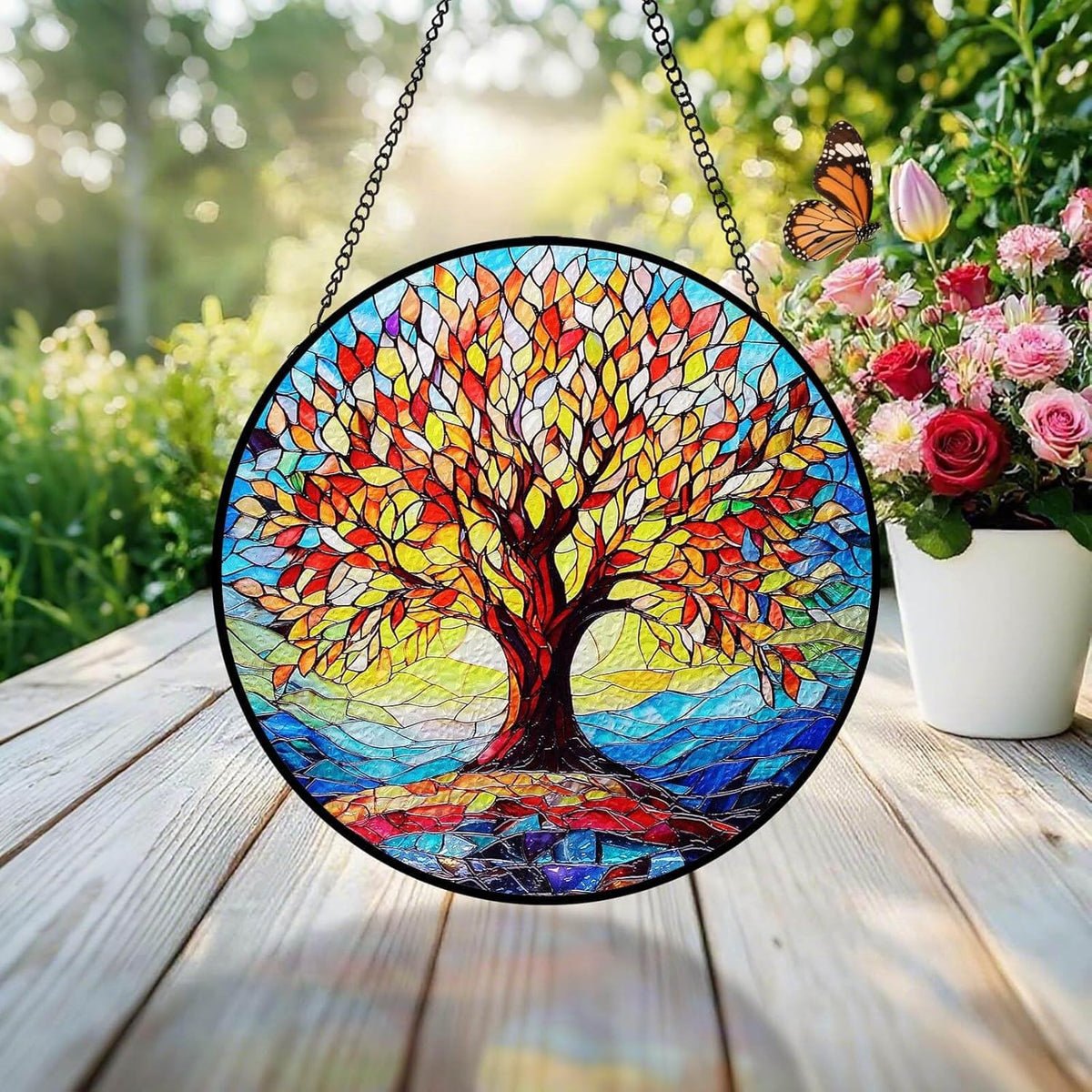 Tree of Life Stained Glass Suncatcher | 8" Round Indoor Window Sun Catchers with Stain Glass Panels