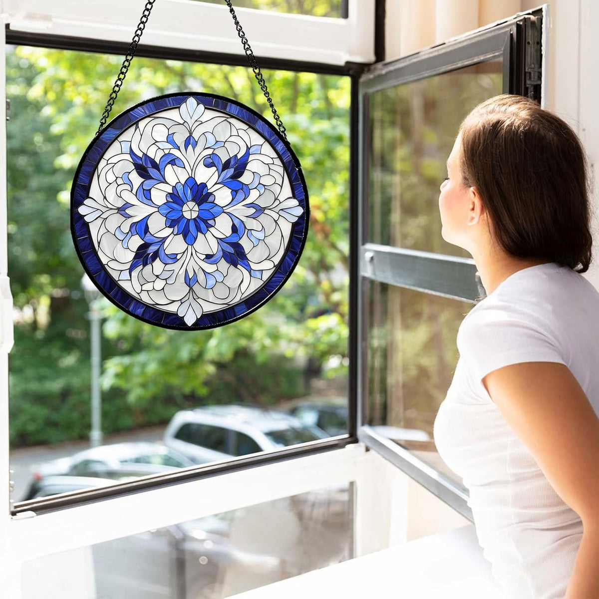 Stained Glass Window Hanging - Blue White Boho Flower Suncatcher for Door Garden Yard Sun Catchers