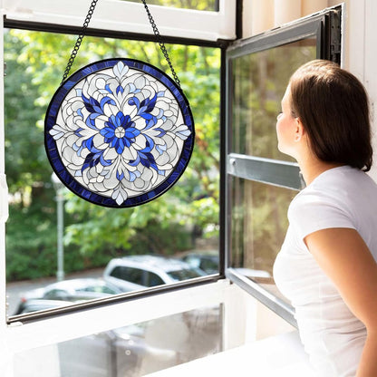 Stained Glass Window Hanging - Blue White Boho Flower Suncatcher for Door Garden Yard Sun Catchers