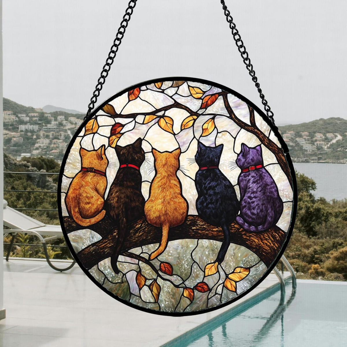 Stained Glass Window Hanging - 5 Cats on a Branch Suncatcher for Window Doors Home Decoration and