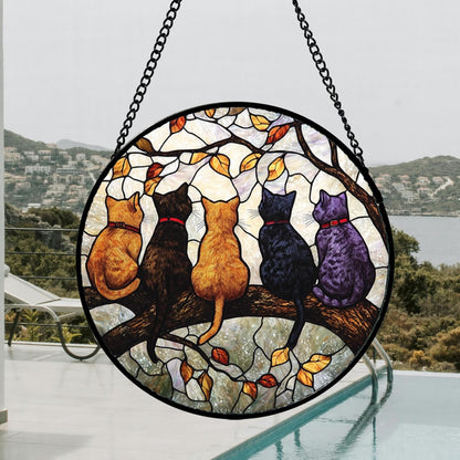 Stained Glass Window Hanging - 5 Cats on a Branch Suncatcher for Window Doors Home Decoration and