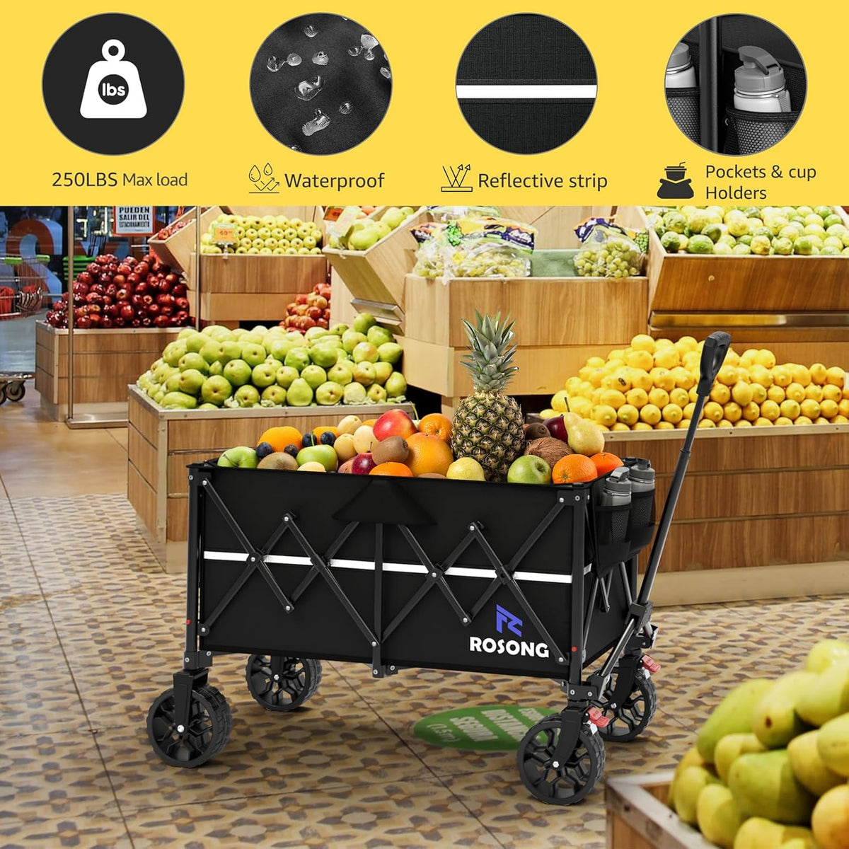 Collapsible Wagon Cart with Wheels Foldable - Folding Utility Heavy Duty Wagons Carts for Grocery