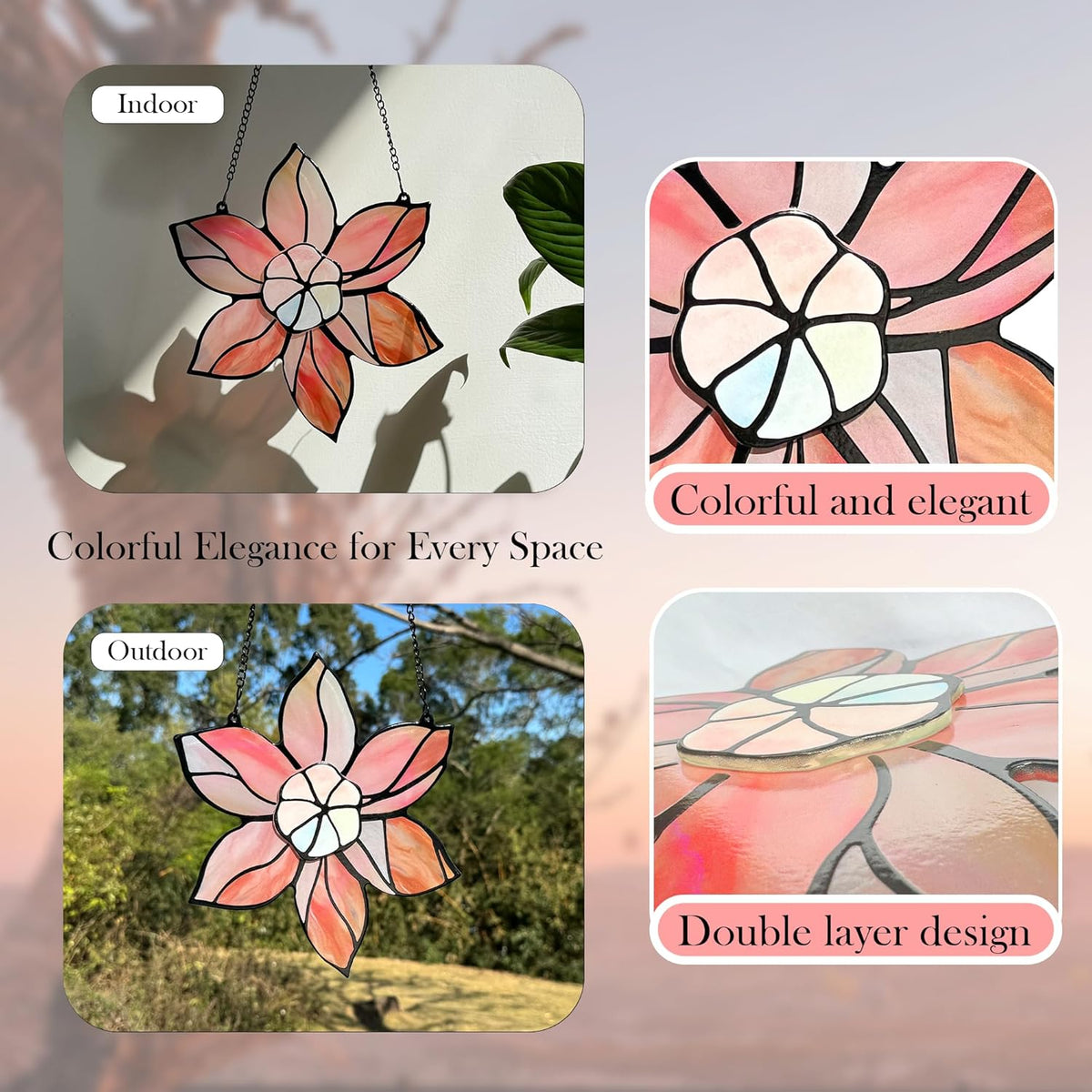 Stained Glass Window Hanging - Pink Flowers Suncatchers for Windows Hanging Floral Sun Catcher for