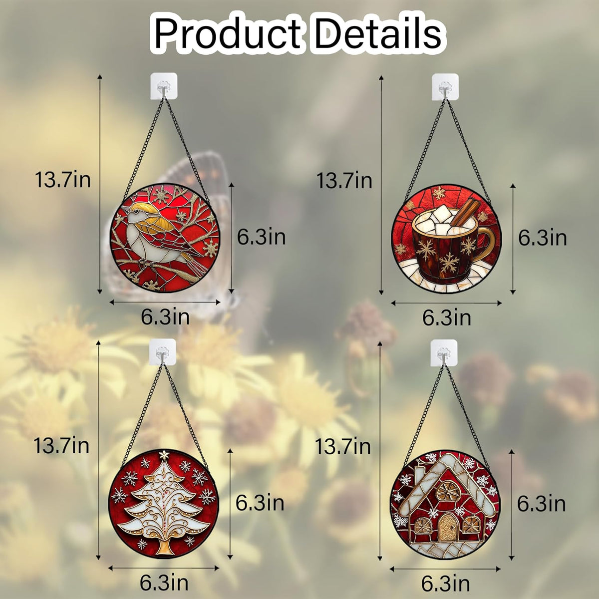 Stained Glass Window Hanging 4 Pcs Set Red Christmas Themed Decorations 6.3" - Suncatcher Door
