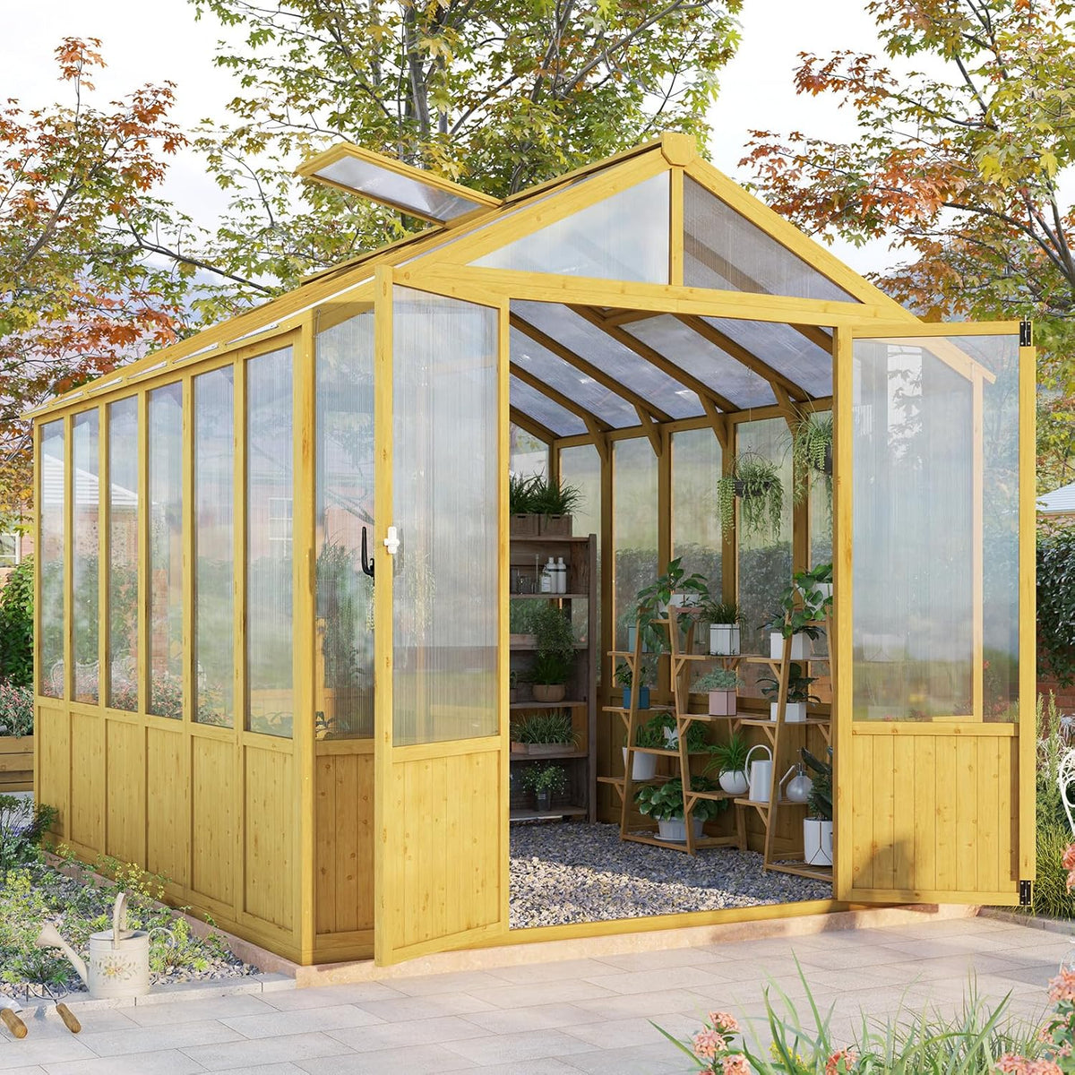 Jocisland 8x9.5x7.5 Ft Wooden Greenhouse, Pre-Assembled Solid Cedar Frame, Walk-in Design, Lockable