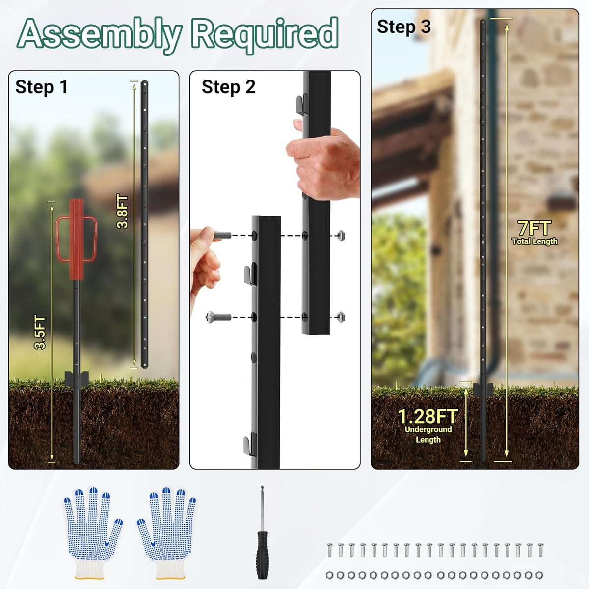 Fence Posts 7 Ft - 16 Pack, Requires Manual Assembly, Heavy Duty Metal Fence Post, No Dig U Post