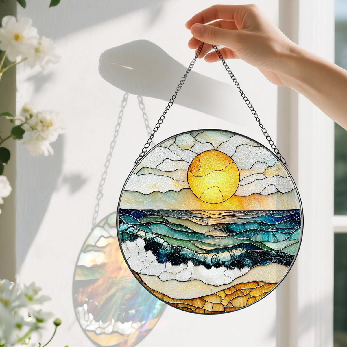 8-Inch Stained Glass Ornament, Stained Glass Window Hanging, Window Hanging Decor Suncatcher, Beach