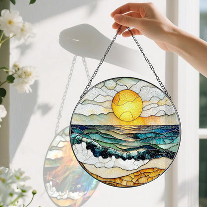 8-Inch Stained Glass Ornament, Stained Glass Window Hanging, Window Hanging Decor Suncatcher, Beach