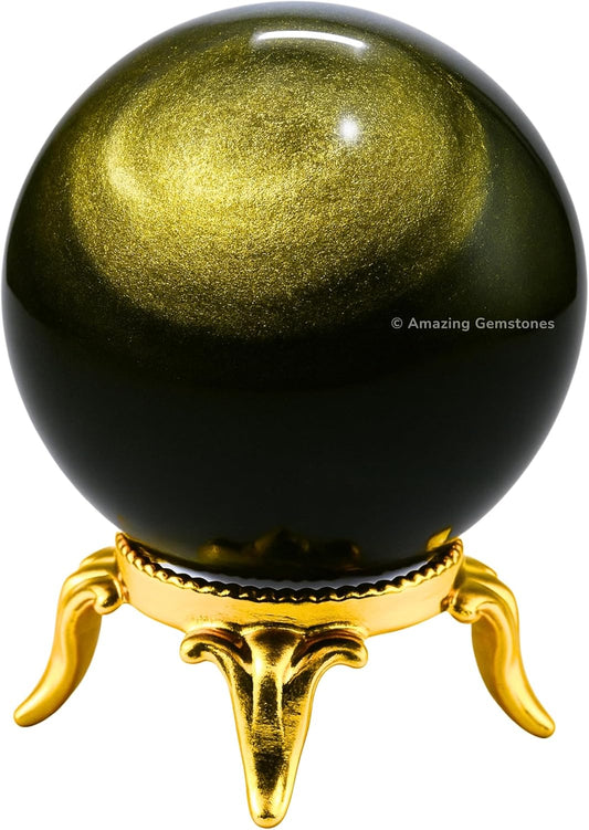 Amazing Gemstone Golden Sheen Obsidian Crystal Ball with Stand - 2 Inches Crystal Sphere Meditation