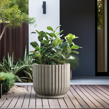 Kante Round Fulted Planter, 16.7 Inch Dia Large Concrete Plant Pots with Drainage Hole and Rubber