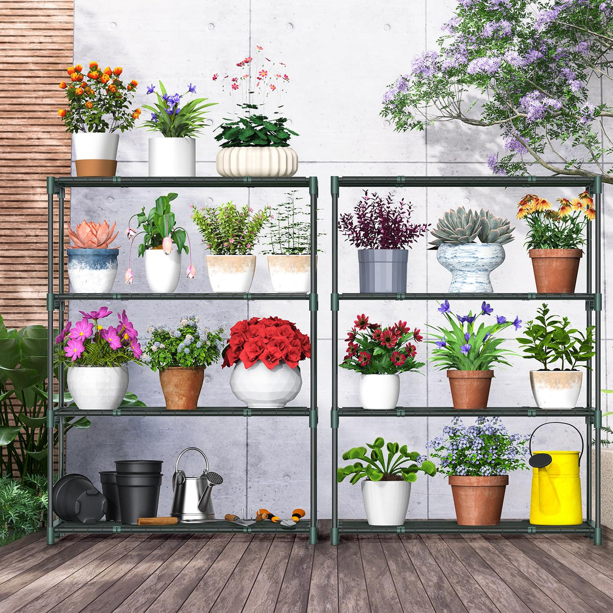 Ohuhu Plant Greenhouse Shelves 4 Tier 2 Pack Extra-Wide Stable Green House Shelving for Outdoor