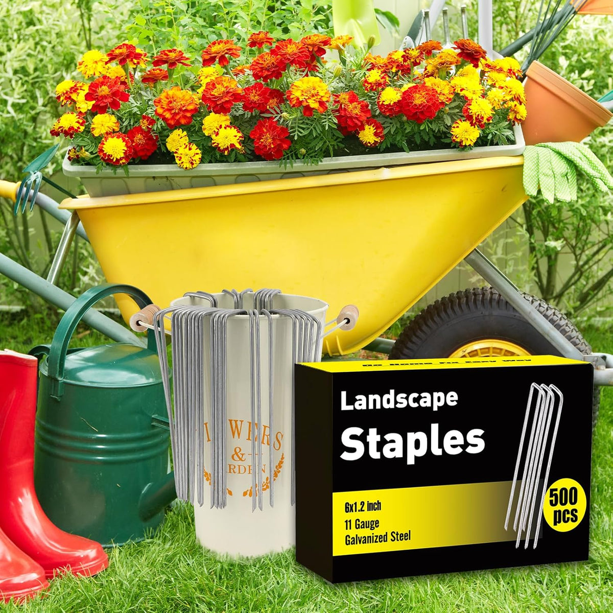 HongWay 500 Pack 6 Inch Landscape Staples, Garden Staples Pins Galvanized 11 Gauge Ground Stakes