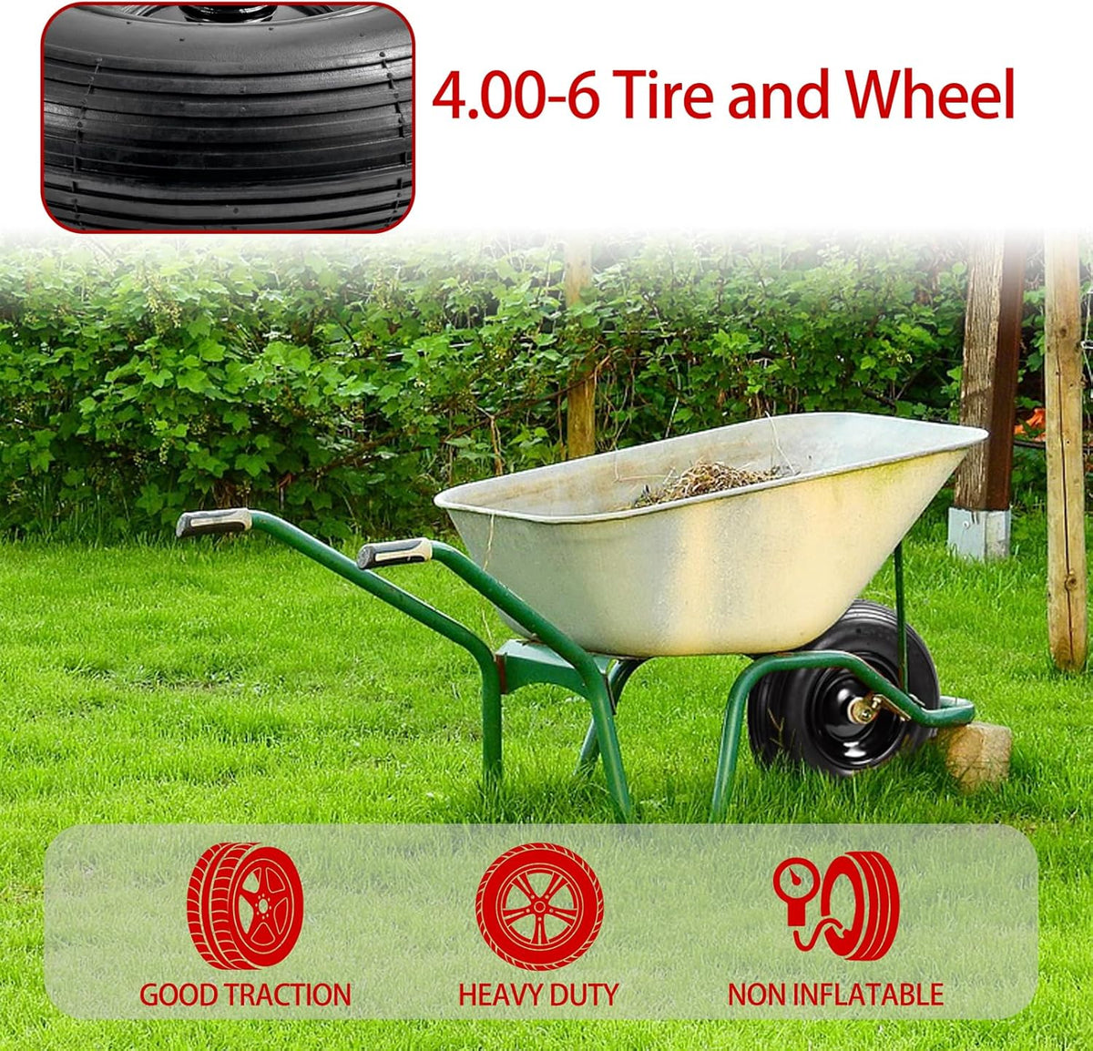 (2-Pack) 4.00-6 Wheelbarrow Tires, 13 Inch Pneumatic Tire and Wheel with 5/8" or 3/4" Bearings