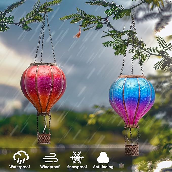 TERESA'S COLLECTIONS 2 Pcs Hot Air Balloon Solar Lantern Outdoor Garden Decor, Waterproof Hanging