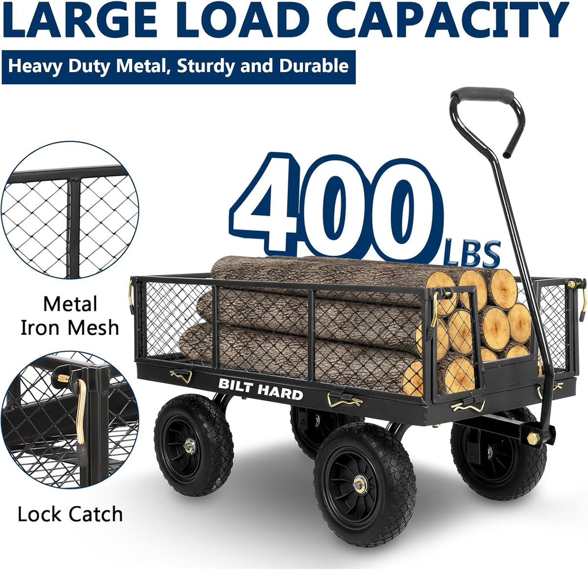 BILT HARD 10" Flat Free Tires Heavy Duty Garden Cart with 180° Rotating Handle and Removable Sides