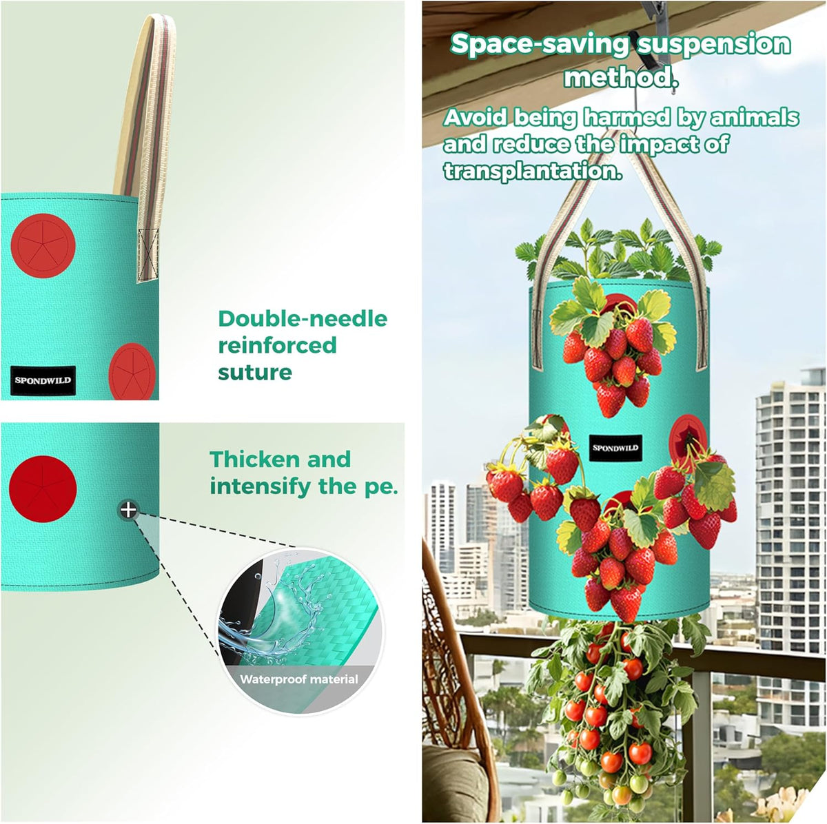 3 Pack Hanging Strawberry Planter Bags, 3 Gallon Hanging Grow Bags with Bottom Planting Hole