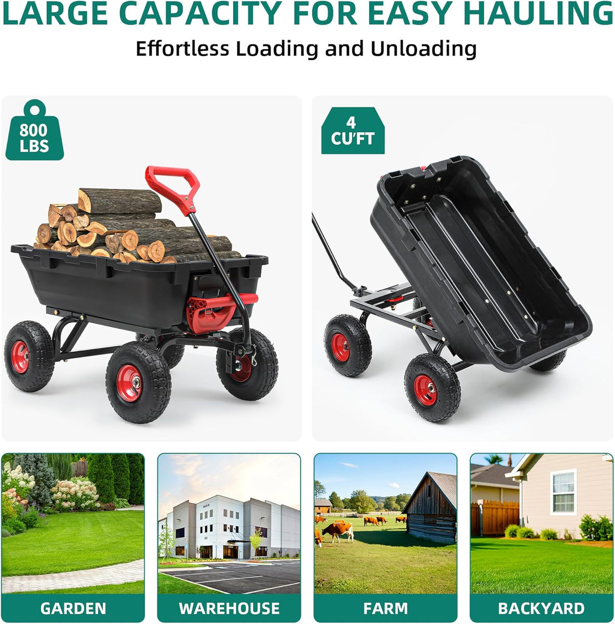 800lb Garden Dump Cart, Heavy Duty Wheelbarrow Dump Wagon with 4 Wheels&Quick-Release