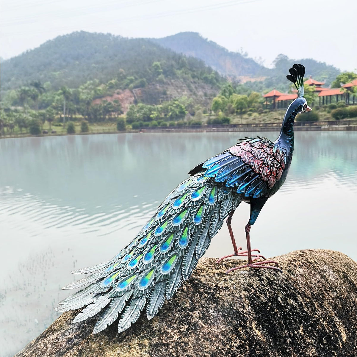 Kircust Metal Peacock Statue for Outdoor Decor - 24" L Elegant Peacock Sculpture for Garden, Patio
