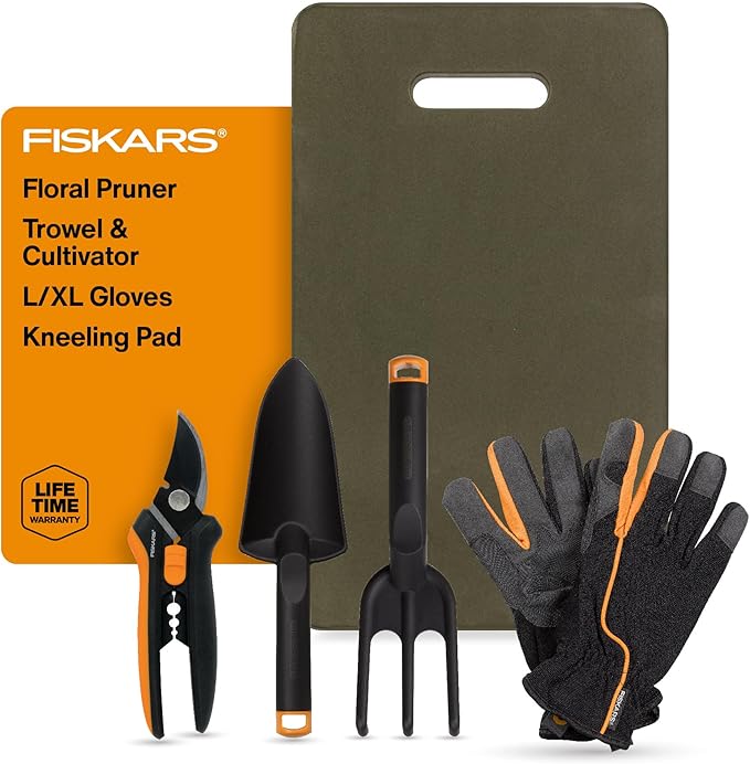 Fiskars Flower Gardening Tool Set with Floral Pruner, Trowel, Cultivator, Garden Gloves, and