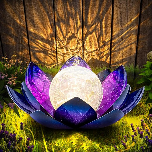 Huaxu Solar Lights for Outdoor Decor, Purple Lotus Flower Light, Waterproof LED Crackle Globe Glass