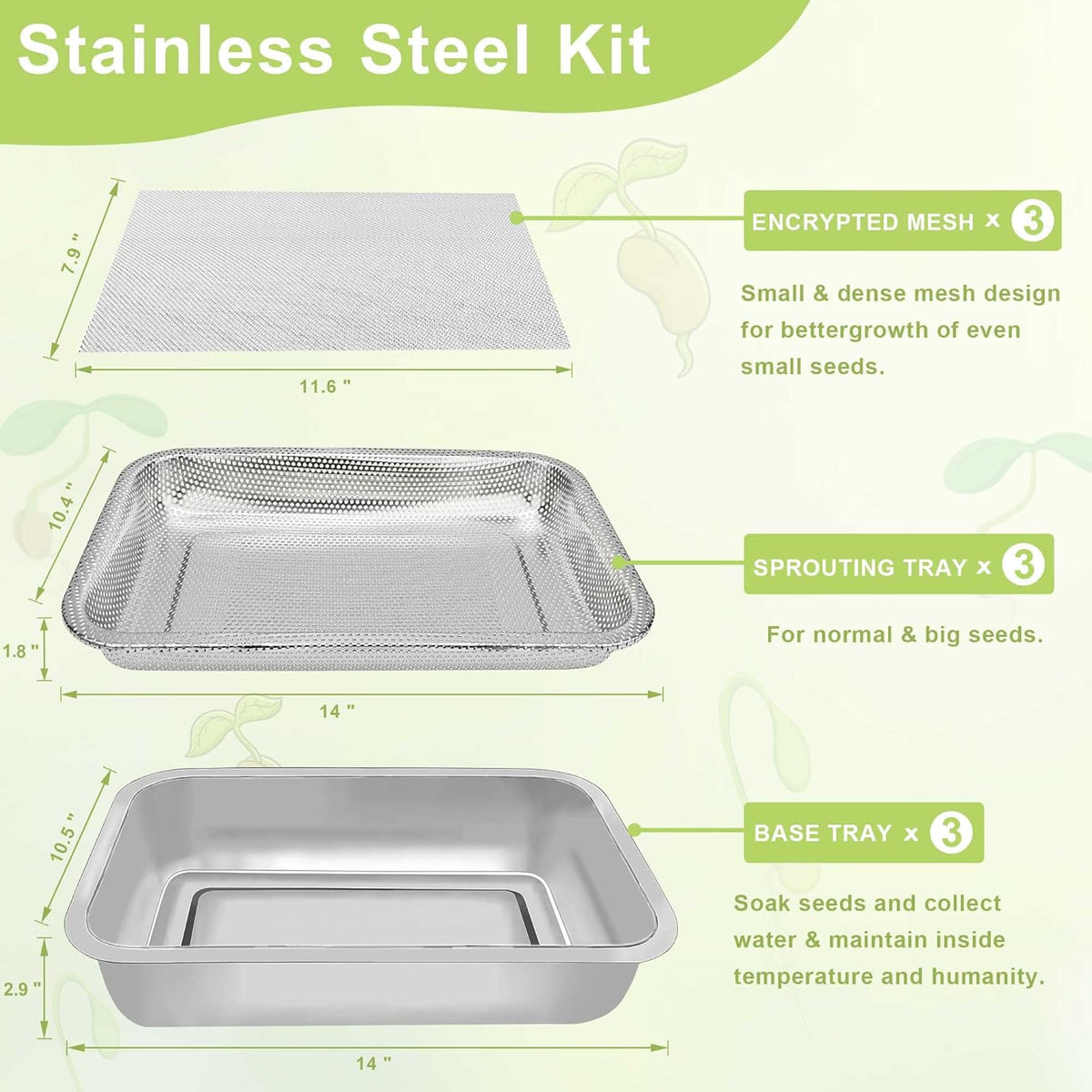 Stainless Steel Sprouts Growing Kit 3-Tier 14 inch Trays, Microgreens Growing Kit, Seed Sprouting