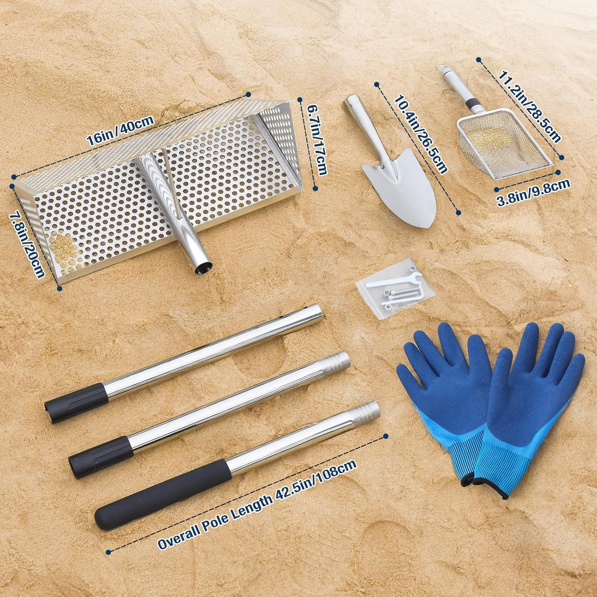 Sand Flea Rake, Long Handle Sand Sifter for The Beach, Stainless Steel Shark Tooth Sifter Comes