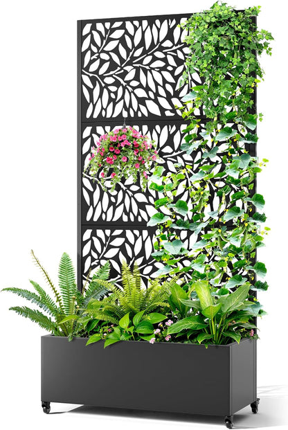 Metal Raised Garden Bed with Trellis, 2 in 1 Trellis with Planter Box & Privacy Screen for Climbing