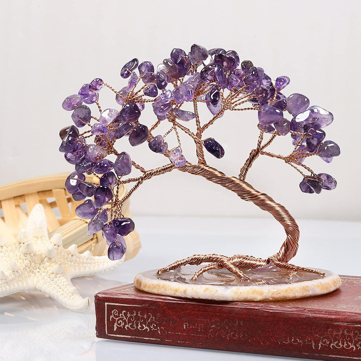 TUMBEELLUWA Reiki Crystal Money Tree with Agate Slice Base Feng Shui Stone Bonsai Tree Figure Decor