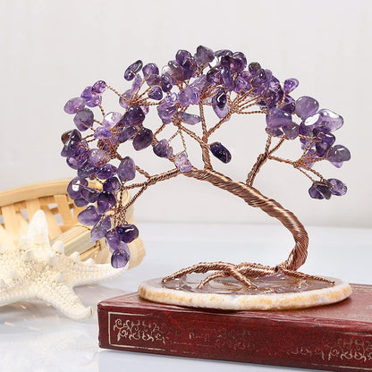 TUMBEELLUWA Reiki Crystal Money Tree with Agate Slice Base Feng Shui Stone Bonsai Tree Figure Decor