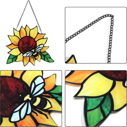 Stained Glass Suncatcher, Sunflower and Ladybug Window Hanging, Hand-Painted (Style 3)
