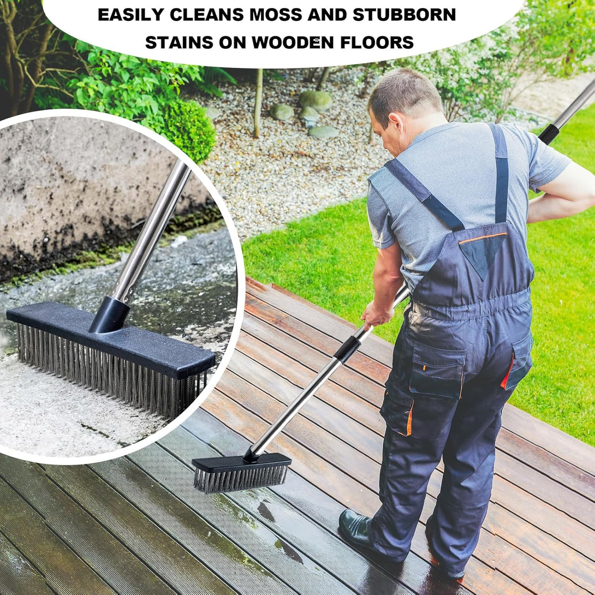 Deck Brush Steel Wire Broom with Long Handle Stiff Scrub Brushes for Cleaning Boat Patio Concrete