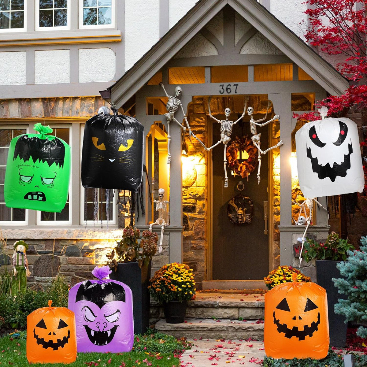 Qilery 12 Pcs Halloween Leaf Lawn Bags Plastic Pumpkin Trash Bags for Leaves with Twist Ties for