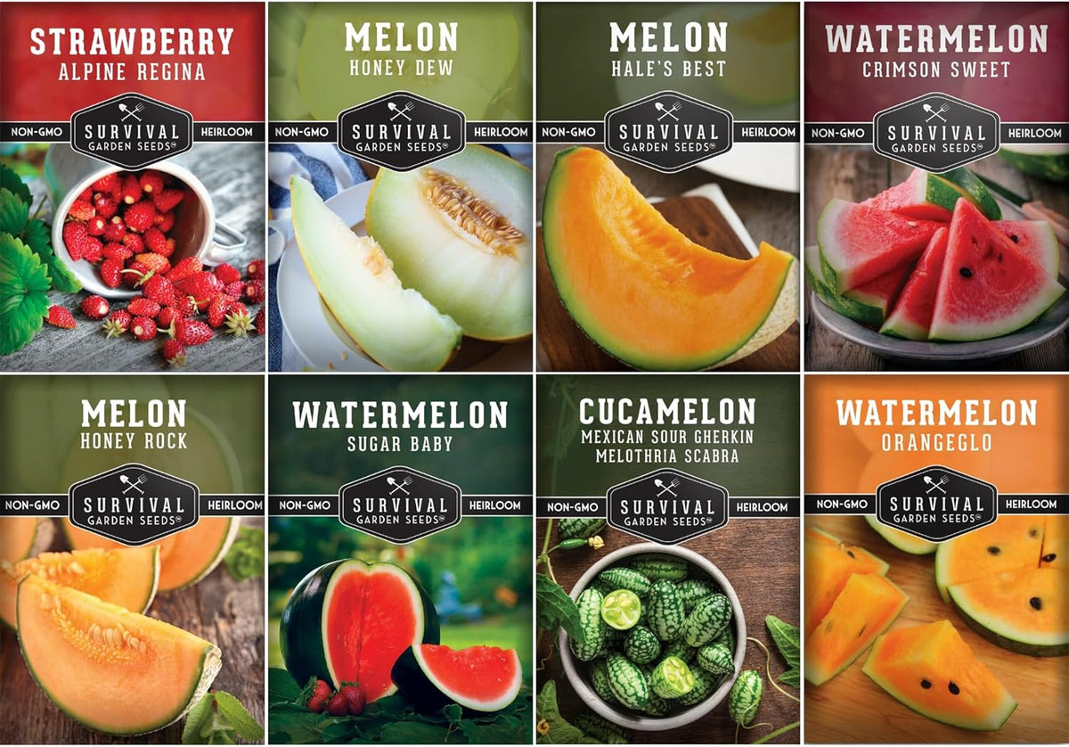 Fruit Seeds for Planting - 8 Variety Pack | Watermelon, Cantaloupe, Melon, Strawberry, Cucamelon