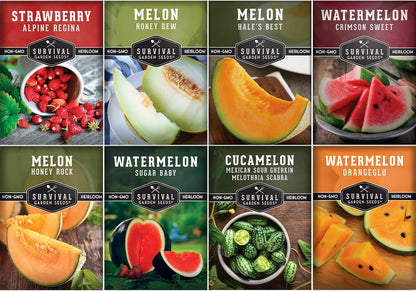 Fruit Seeds for Planting - 8 Variety Pack | Watermelon, Cantaloupe, Melon, Strawberry, Cucamelon