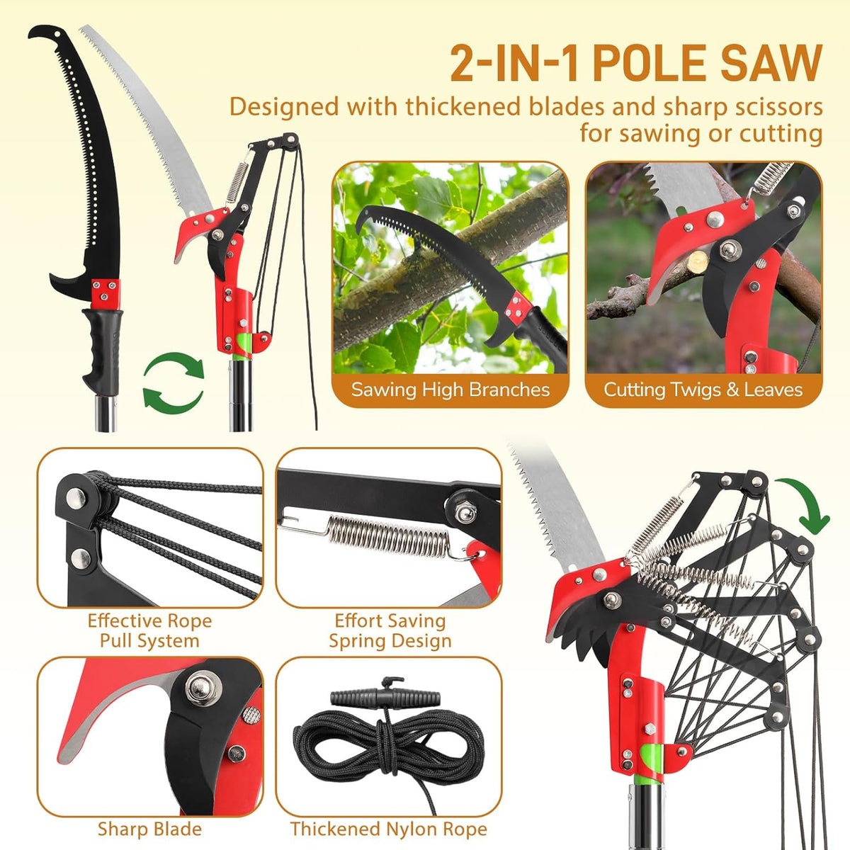 Outvita Manual Pole Saw, 30 Feet Extendable Tree Pruner with Knives and Storage Pocket, Sharp Steel