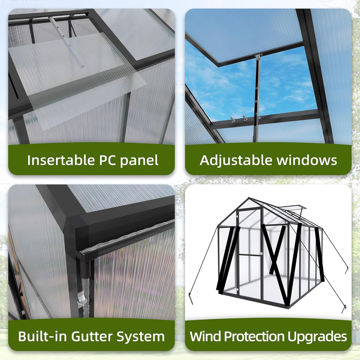 7.2FT High 6*8.2FT Greenhouse for Outdoors,Polycarbonate Greenhouse with Stronger Wind Protection