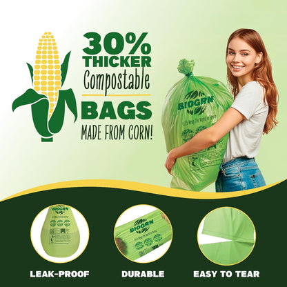 50-55 Gallon Compostable Trash Bags Flat-Top 12 Bags Heavy Duty 1.57 Mil 208.2 Liter Large Lawn and
