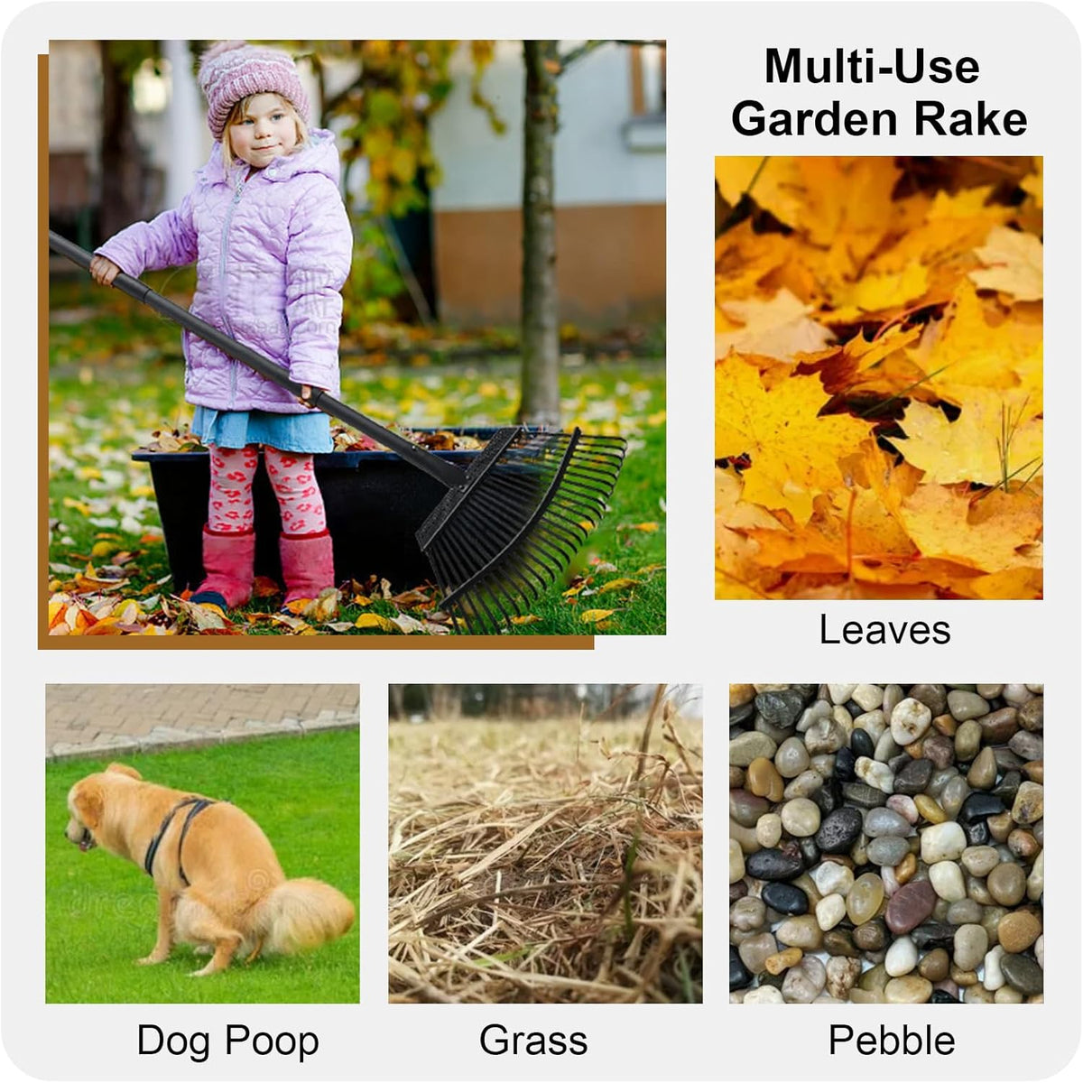 Rake for Leaves, 25 Metal Tines Wide Leaf Rake, 60'' Leaf Rakes for Lawns with Adjustable Steel