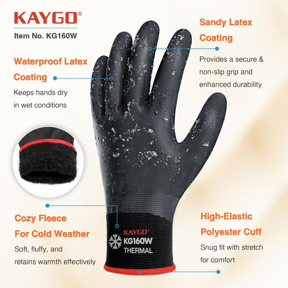 KAYGO Winter Waterproof Work Gloves for Men and Women, Thermal Insulated Freezer Rubber Coated