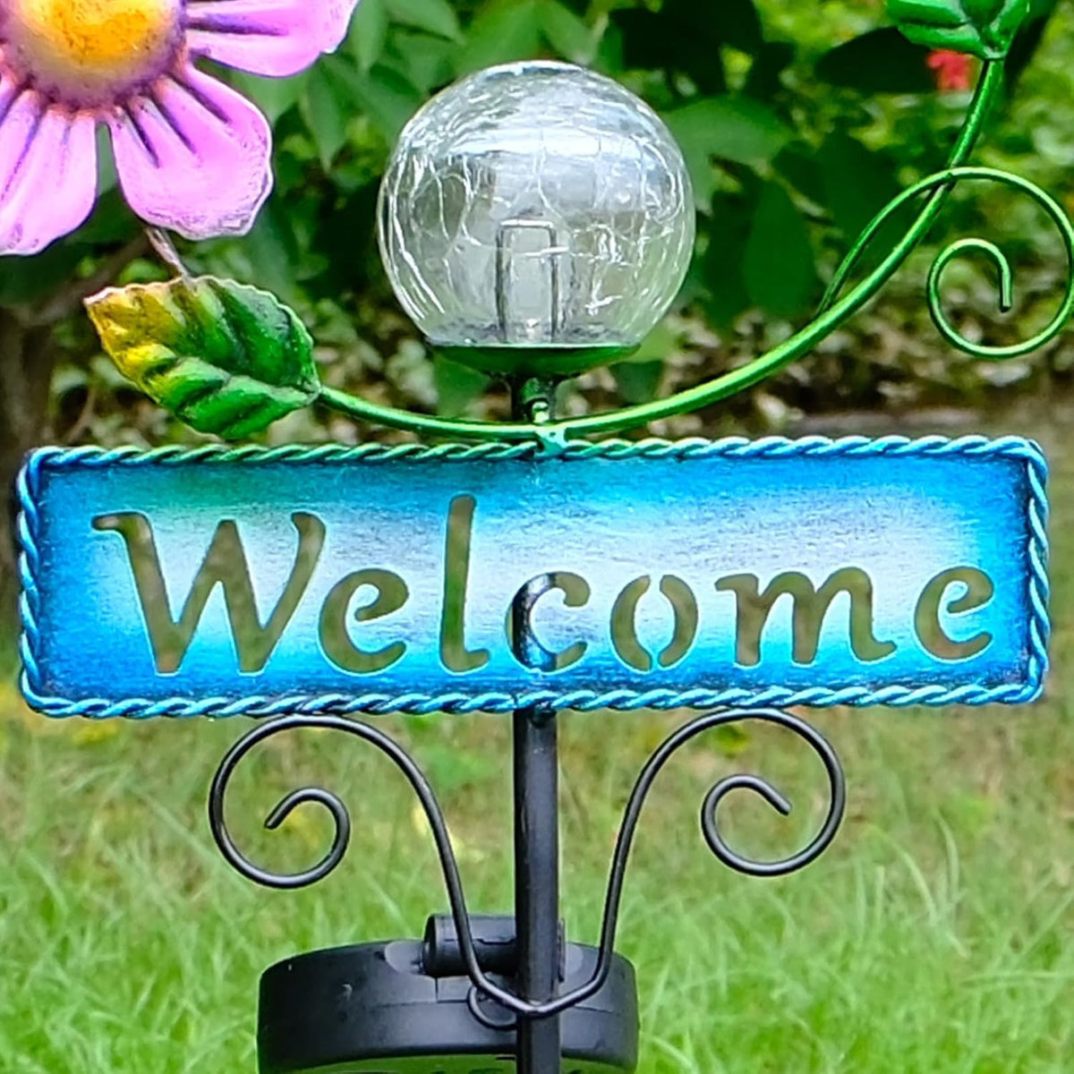 Outdoor Solar Garden Lights with Welcome Sign, Hummingbird Ornament Metal Stake Lights for Lawn