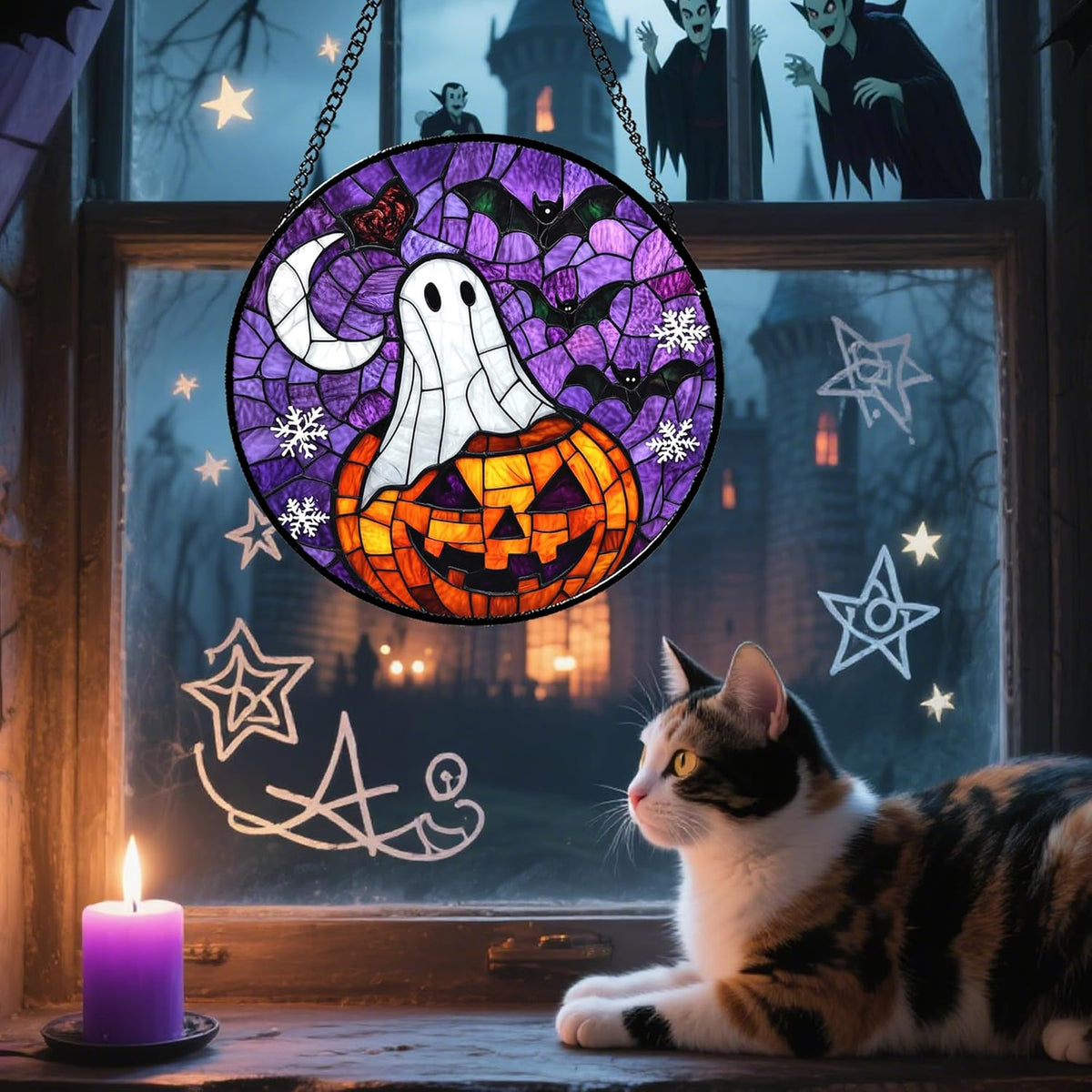Stained Glass Window Hanging Halloween Horror Pumpkin 15" - Suncatcher Door Garden Sunroom Gothic